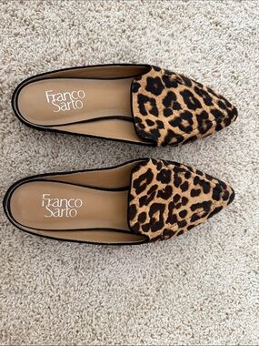 Franco Sarto Leopard Print Pointed Toe Mules in Tan and Black